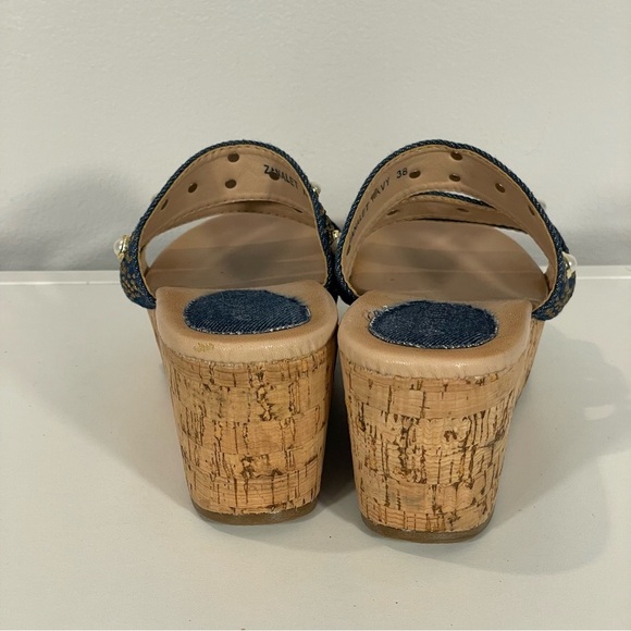 Patrizia By Spring Step Denim Pearl Gold Stud Embellish Cork Wedge Sandal Sz 38 - Picture 7 of 11